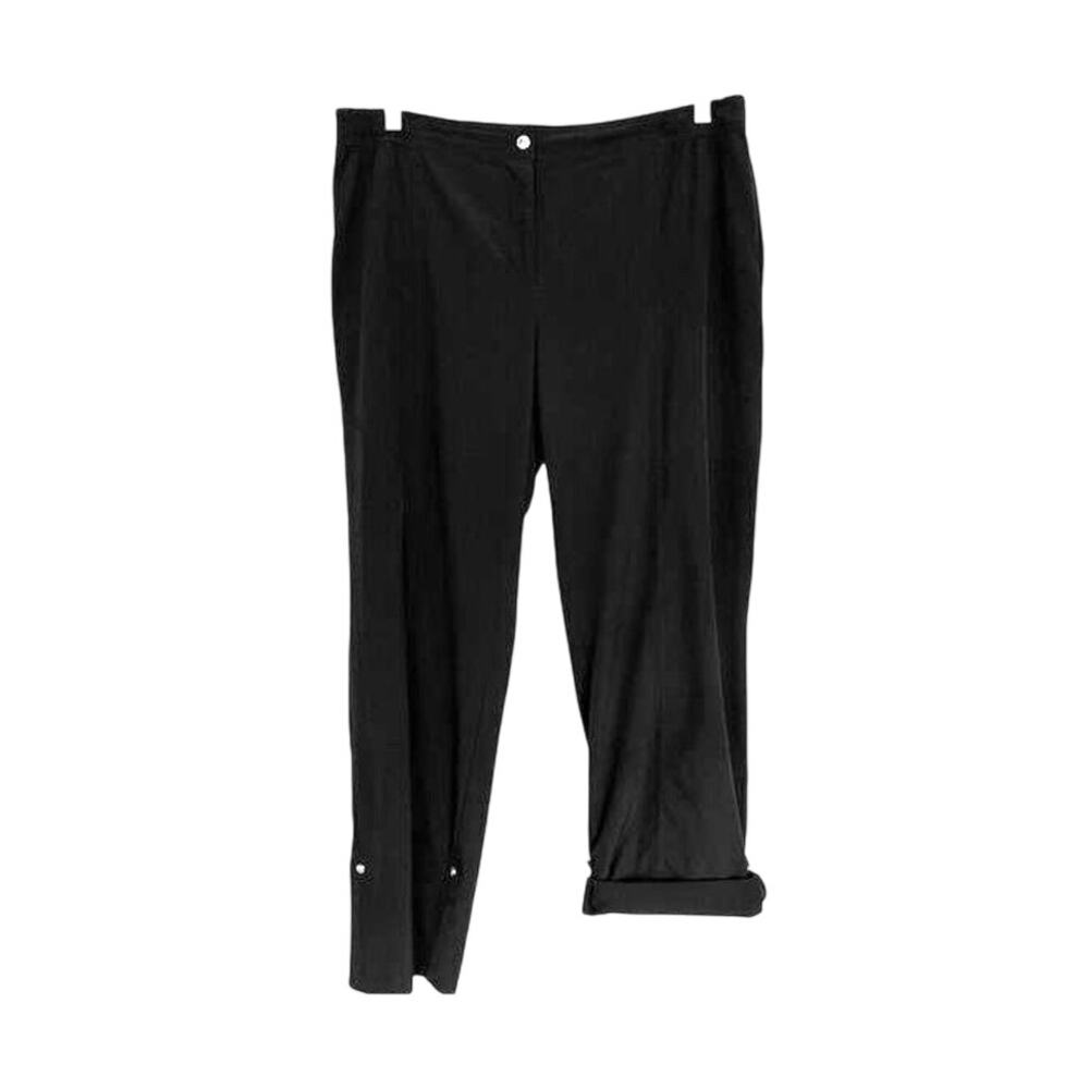 Chicos Zenergy Pants Size M Black Roll Tab Hem Pockets Zip Front Casual Stretch